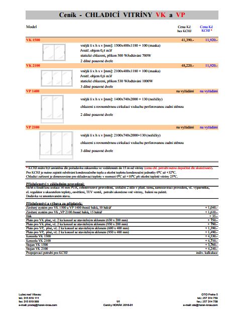 Ceník  -  CHLADICÍ  VITRÍNY  VK  a  VP